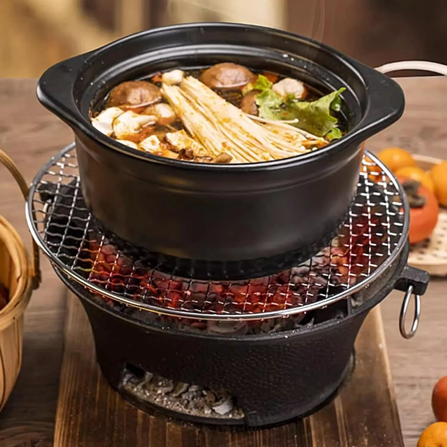 Outdoor Backpacking RV Survival Black(30 * 30 * 14cm) Cast Iron Wood Stove, Camp Stove Backpacking with Binaural Pull deduct declaration hover Ring, Portable Stove with Teapot Clip and Wooden Base, for 