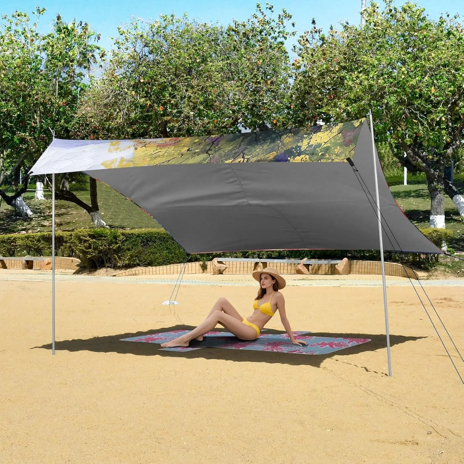 Outdoor Patio Painting Colorful Flowers Trail Kids Travel Camping Sun Shelter Windproof with Poles Sandbags Easy mammoth father Canopy Beach Tent 9.2 ?? 10.5 FT Sun Shade 