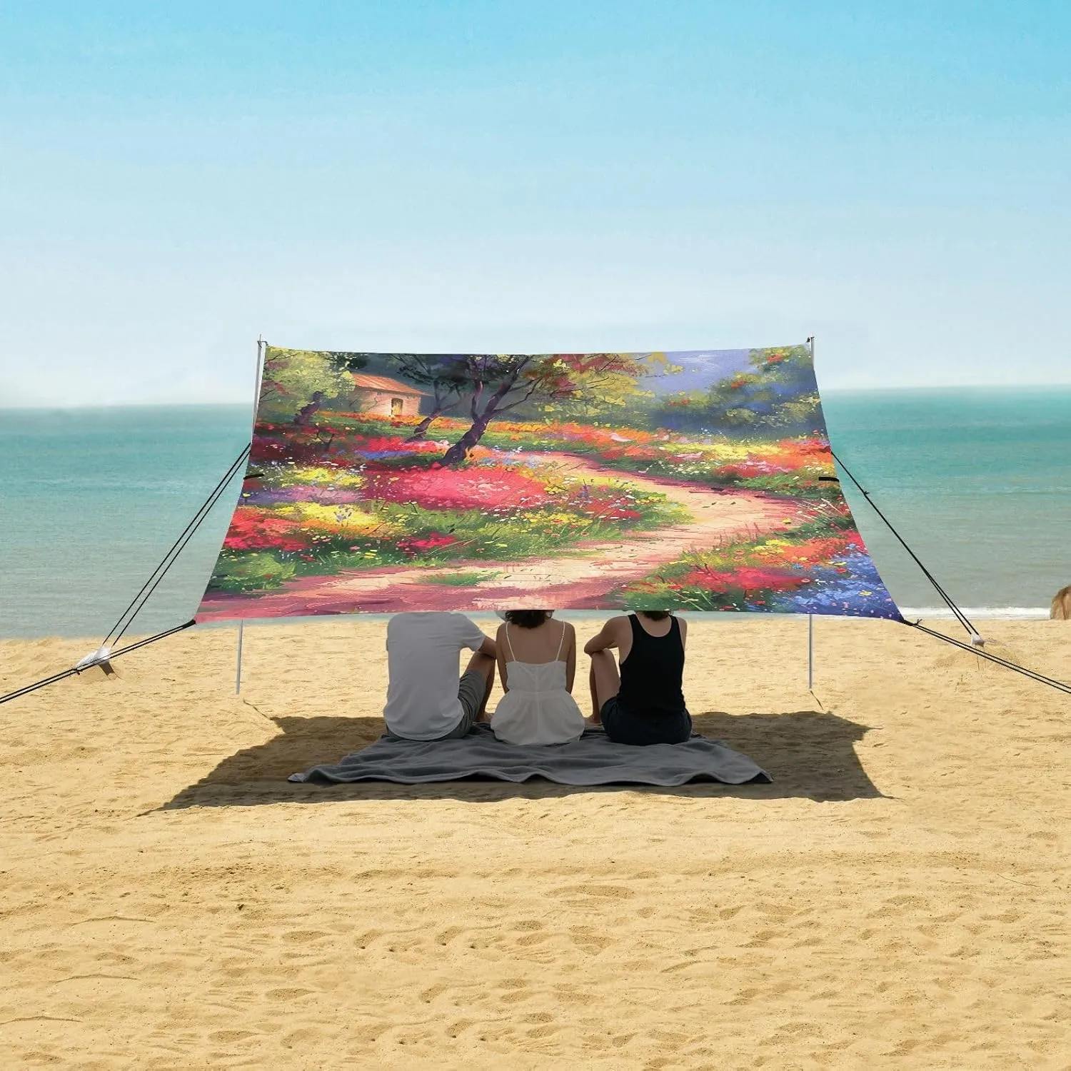 Outdoor Patio Painting Colorful Flowers Trail Kids Travel Camping Sun Shelter Windproof with Poles Sandbags Easy mammoth father Canopy Beach Tent 9.2 ?? 10.5 FT Sun Shade 