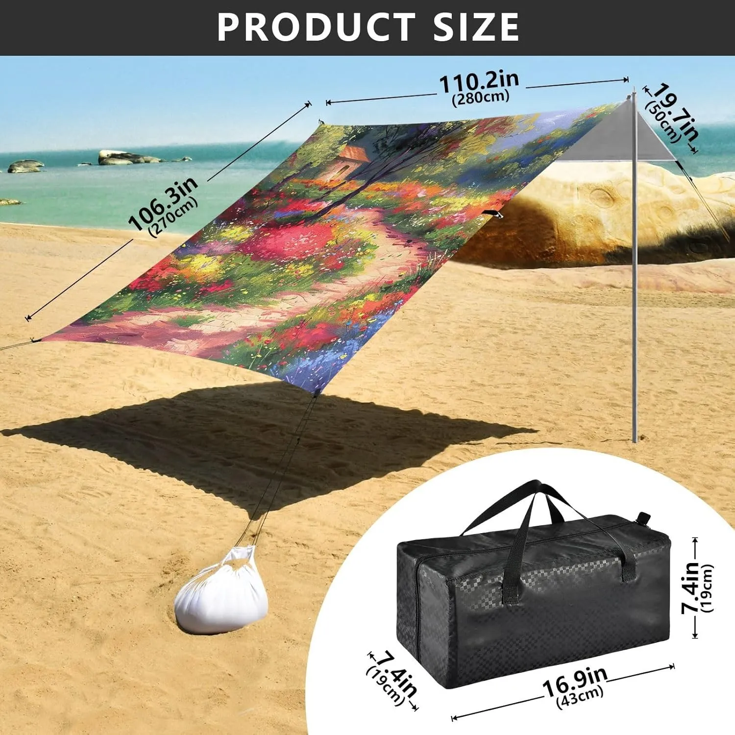 Outdoor Patio Painting Colorful Flowers Trail Kids Travel Camping Sun Shelter Windproof with Poles Sandbags Easy mammoth father Canopy Beach Tent 9.2 ?? 10.5 FT Sun Shade 