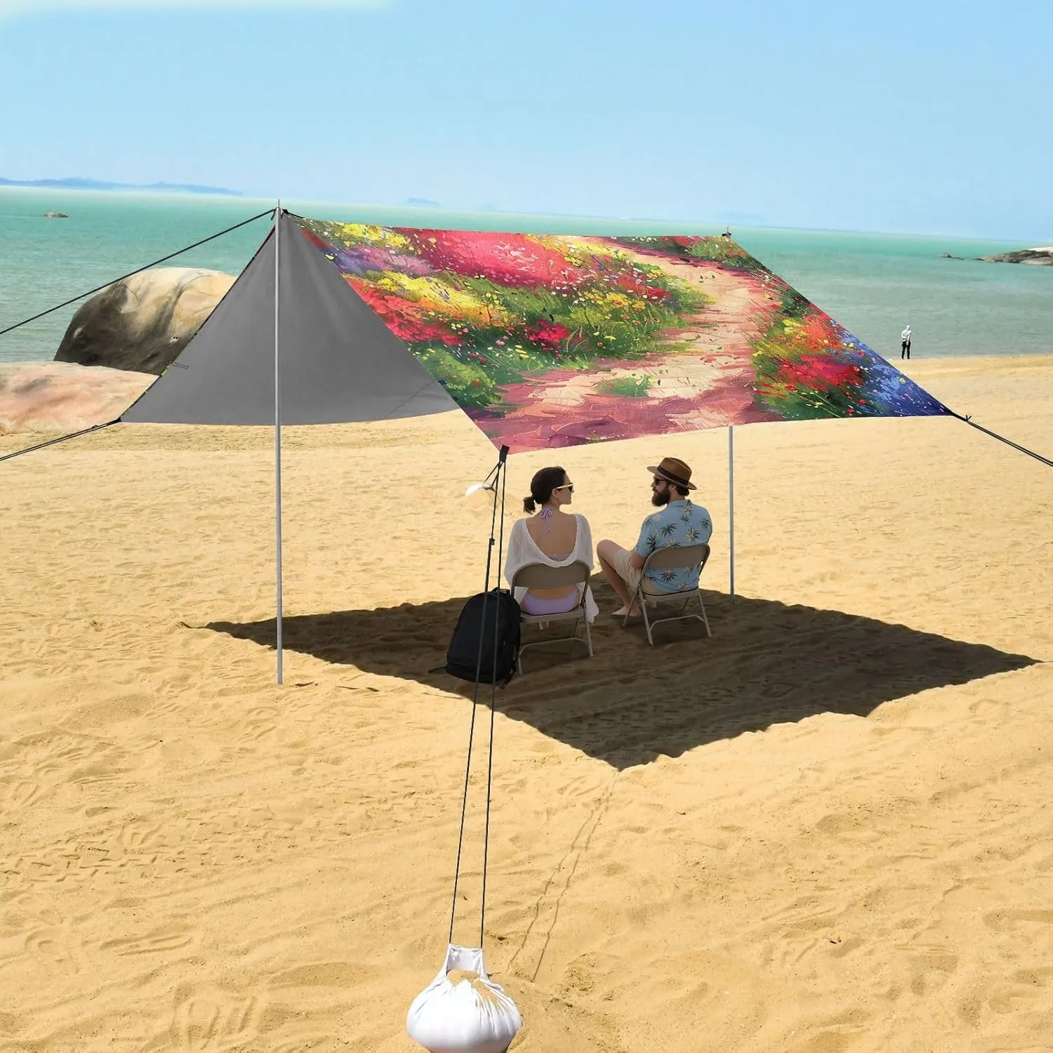 Outdoor Patio Painting Colorful Flowers Trail Kids Travel Camping Sun Shelter Windproof with Poles Sandbags Easy mammoth father Canopy Beach Tent 9.2 ?? 10.5 FT Sun Shade 