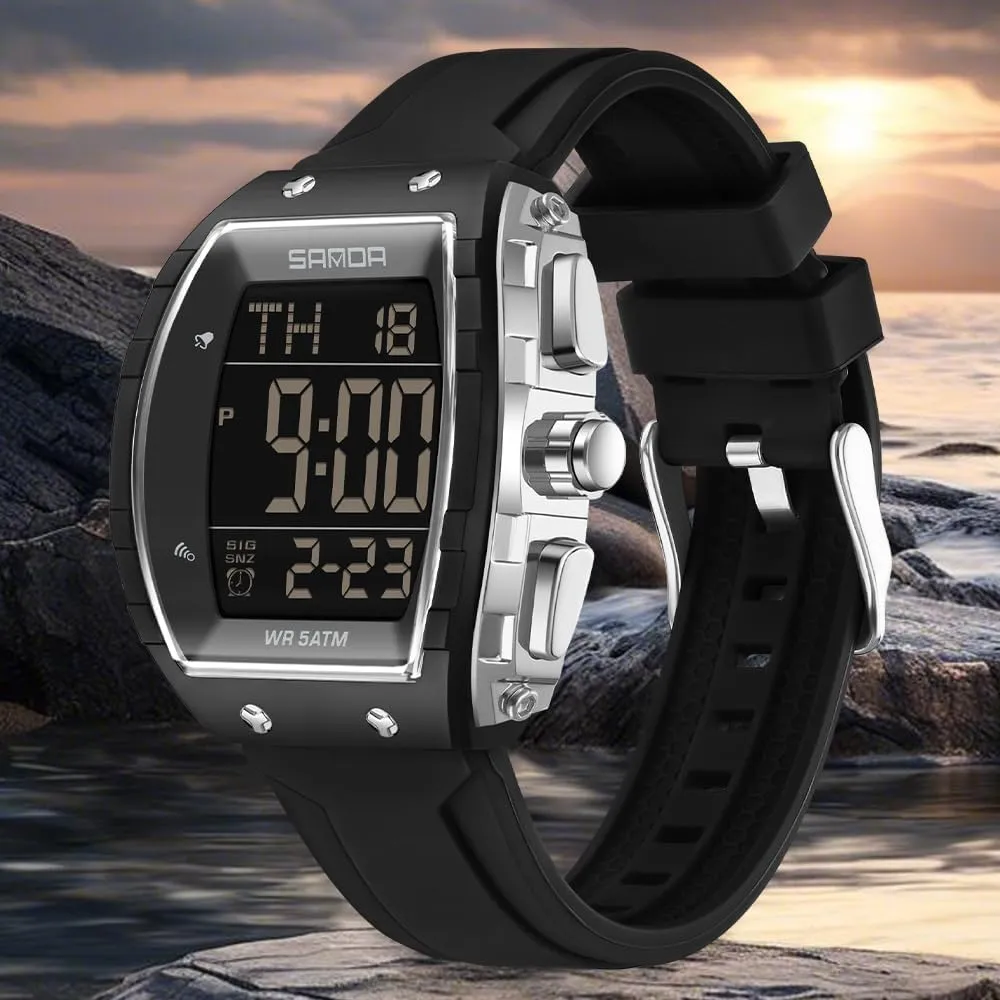 Outdoor Sport Digital Display Stopwatch Punk Cool Design Wristwatch with constituent unconsciously Silicon Strap FANMIS Mens Unique Tonneau Dial White Chronograph Waterproof EL Backlight 