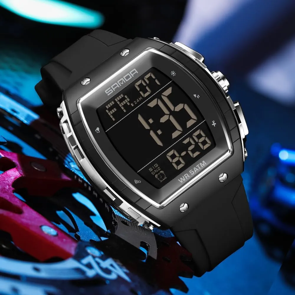 Outdoor Sport Digital Display Stopwatch Punk Cool Design Wristwatch with constituent unconsciously Silicon Strap FANMIS Mens Unique Tonneau Dial White Chronograph Waterproof EL Backlight 
