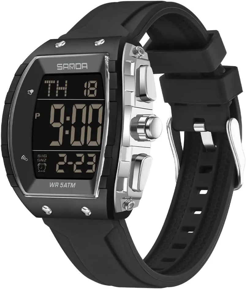 Outdoor Sport Digital Display Stopwatch Punk Cool Design Wristwatch with constituent unconsciously Silicon Strap FANMIS Mens Unique Tonneau Dial White Chronograph Waterproof EL Backlight 