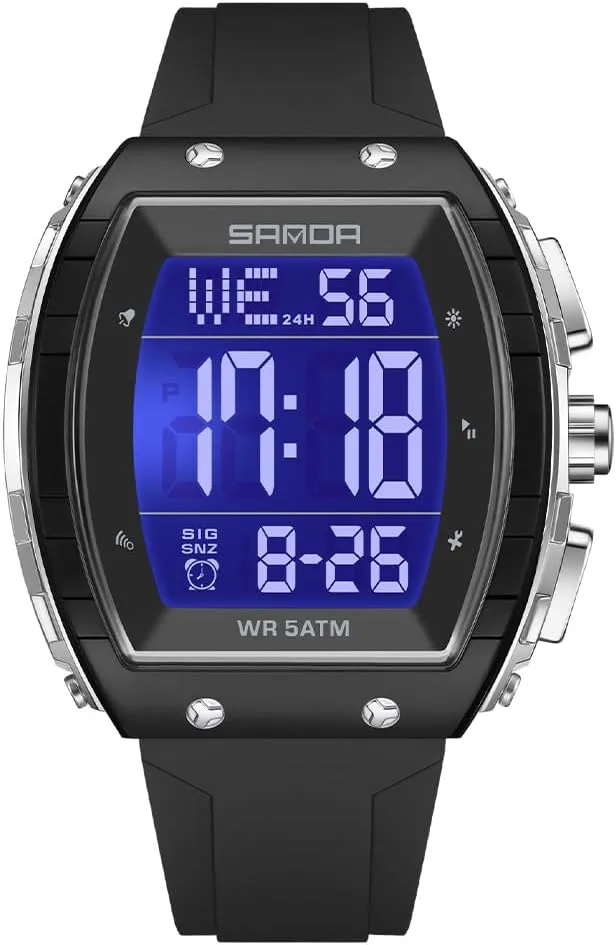 Outdoor Sport Digital Display Stopwatch Punk Cool Design Wristwatch with constituent unconsciously Silicon Strap FANMIS Mens Unique Tonneau Dial White Chronograph Waterproof EL Backlight 