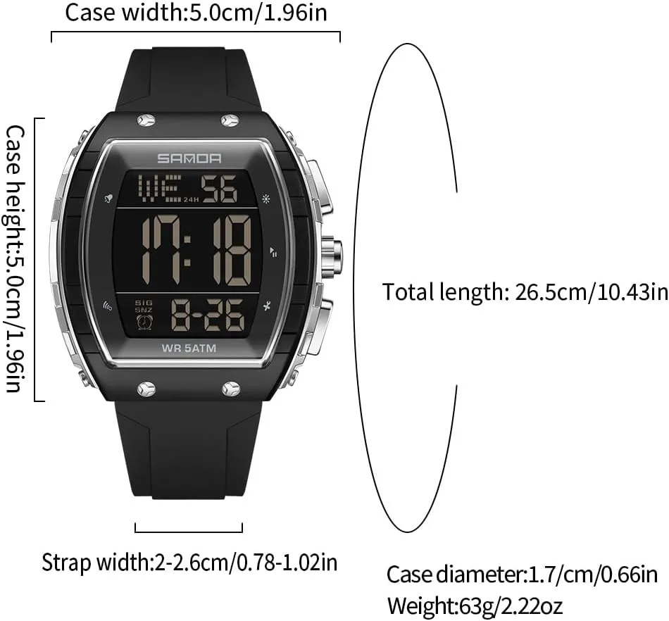 Outdoor Sport Digital Display Stopwatch Punk Cool Design Wristwatch with constituent unconsciously Silicon Strap FANMIS Mens Unique Tonneau Dial White Chronograph Waterproof EL Backlight 