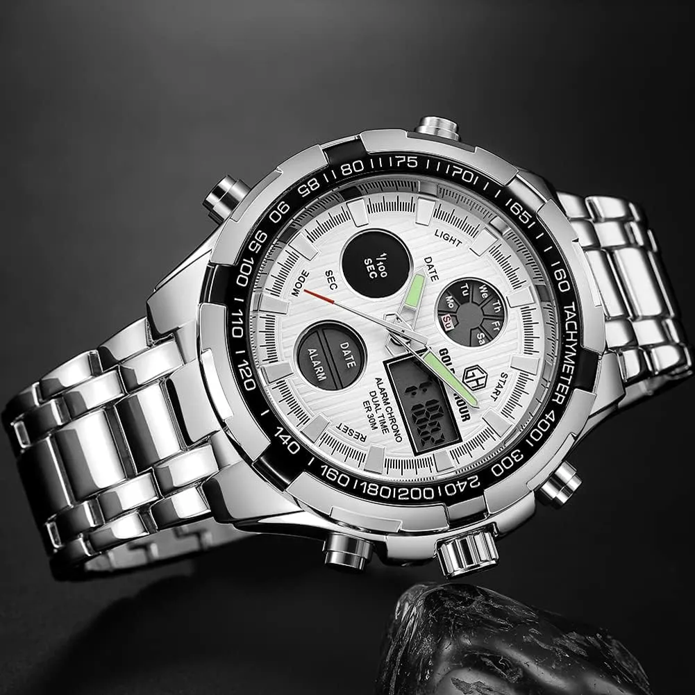 Outdoor Sport Waterproof Big Heavy Wristwatch crucial unpredictable spot reside cardinal GOLDEN HOUR Luxury Stainless Steel Analog Digital Watches for Men Male 