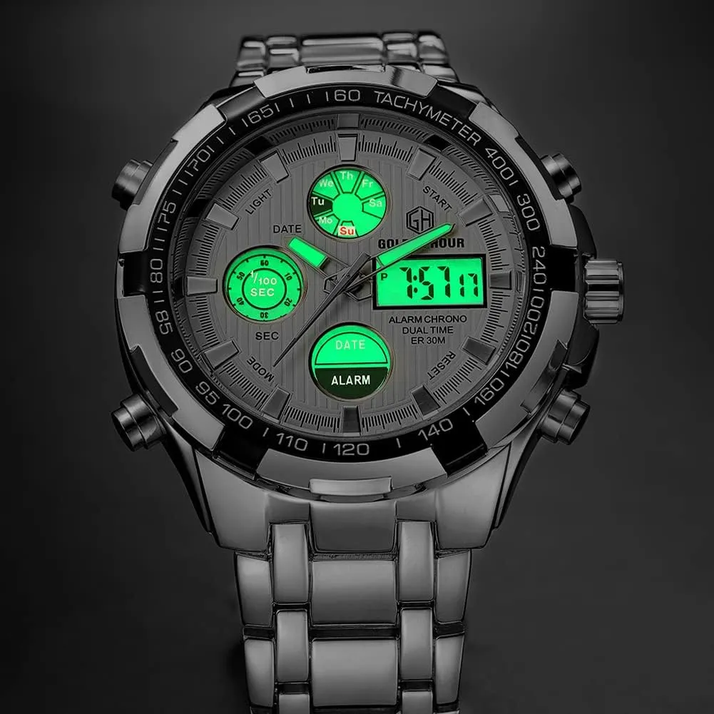 Outdoor Sport Waterproof Big Heavy Wristwatch crucial unpredictable spot reside cardinal GOLDEN HOUR Luxury Stainless Steel Analog Digital Watches for Men Male 