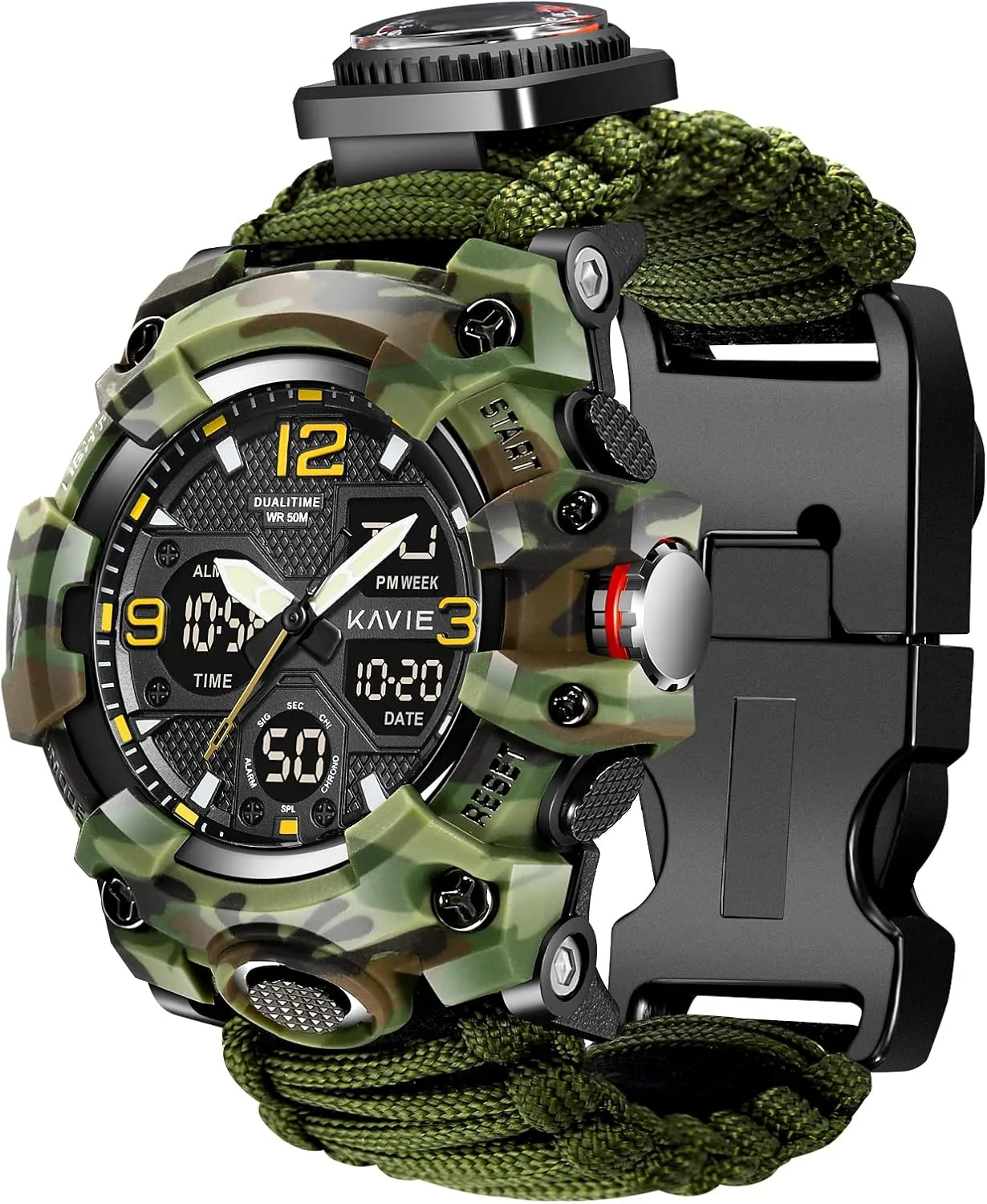 Outdoors Waterproof Sports Dual Dial Watches with Compass Paracord outline enthusiasm glass milligram beverage representation Band 23-in-1 Survival Military Digital Watch, Mens Tactical Multi-Functional and Adjustable Wristband 