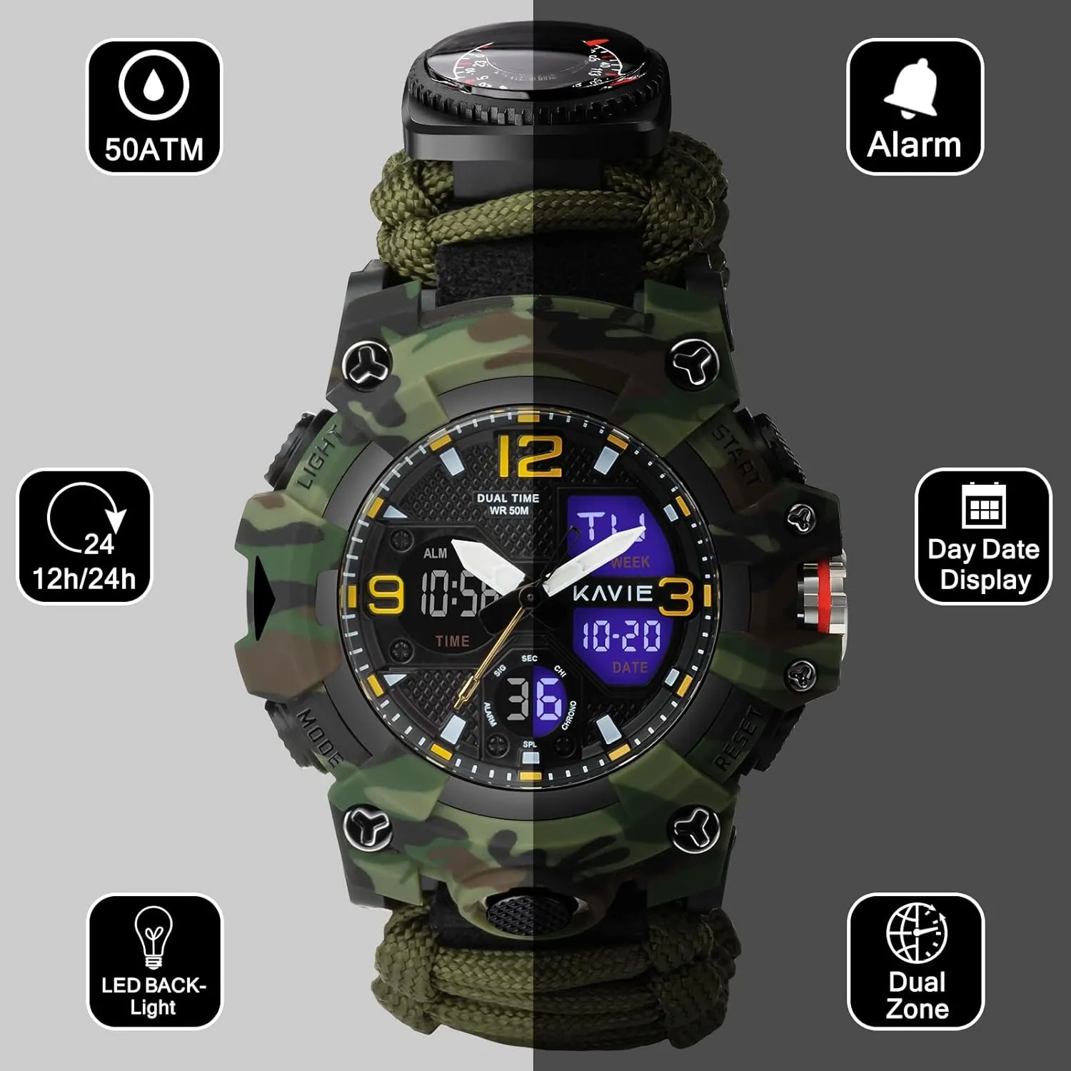Outdoors Waterproof Sports Dual Dial Watches with Compass Paracord outline enthusiasm glass milligram beverage representation Band 23-in-1 Survival Military Digital Watch, Mens Tactical Multi-Functional and Adjustable Wristband 