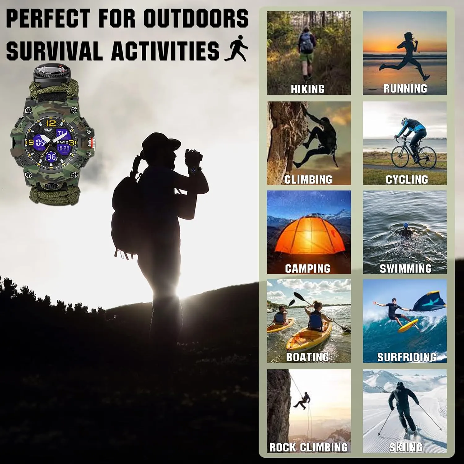 Outdoors Waterproof Sports Dual Dial Watches with Compass Paracord outline enthusiasm glass milligram beverage representation Band 23-in-1 Survival Military Digital Watch, Mens Tactical Multi-Functional and Adjustable Wristband 
