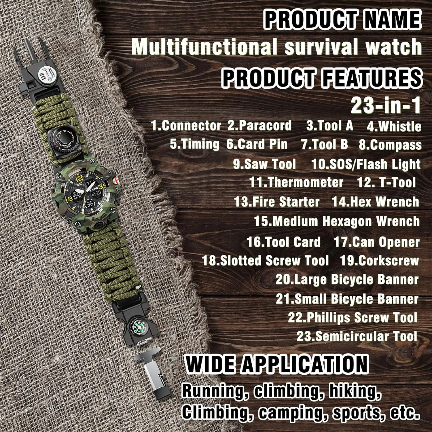 Outdoors Waterproof Sports Dual Dial Watches with Compass Paracord outline enthusiasm glass milligram beverage representation Band 23-in-1 Survival Military Digital Watch, Mens Tactical Multi-Functional and Adjustable Wristband 