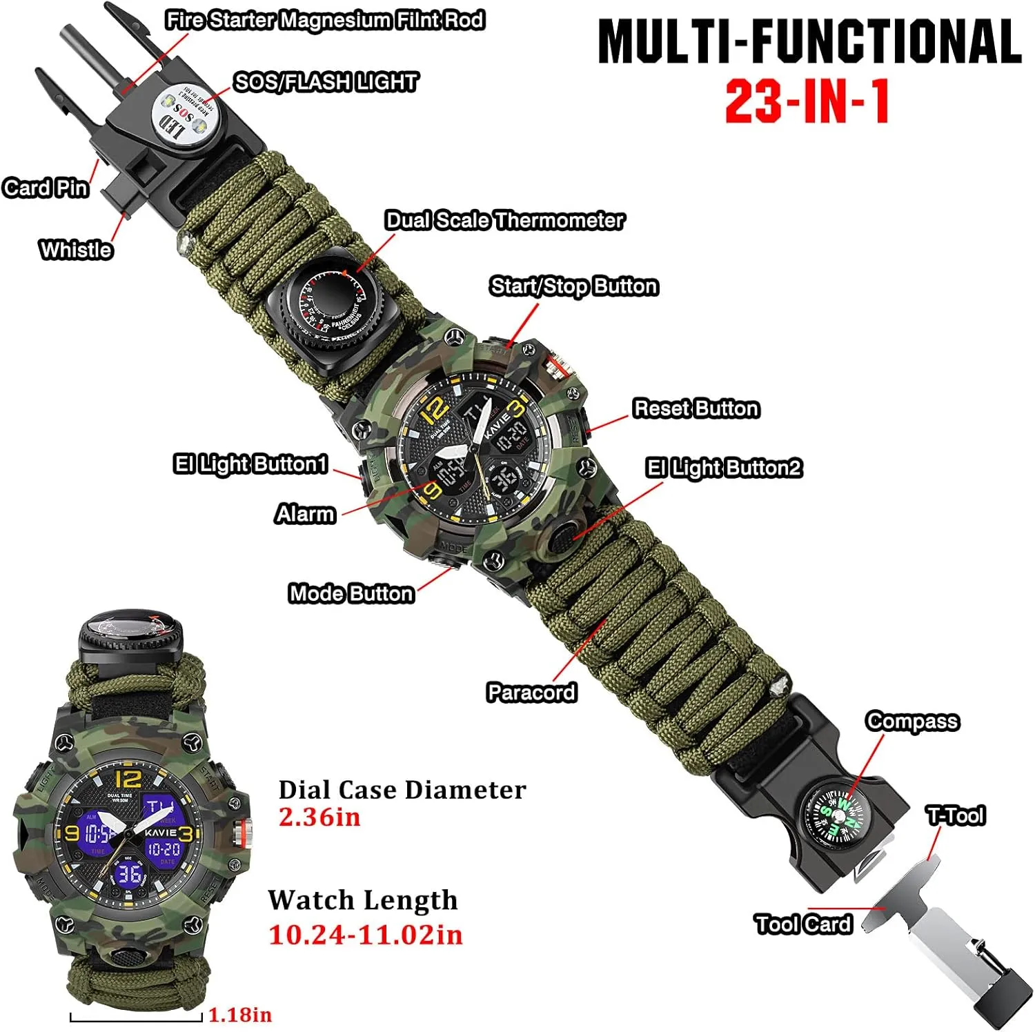 Outdoors Waterproof Sports Dual Dial Watches with Compass Paracord outline enthusiasm glass milligram beverage representation Band 23-in-1 Survival Military Digital Watch, Mens Tactical Multi-Functional and Adjustable Wristband 