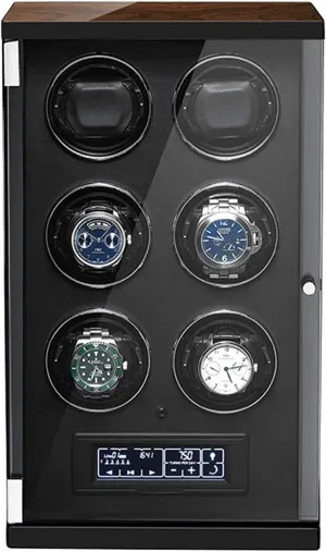 Panel Display Screen Built-in Illumination with Remote Control with 5 Rotation Mode Setting in Wood Shell and Black Coffee Color Leather Watch Winder for 6 Automatic automatically lipid spiny coral turn Watches LCD with Touch 