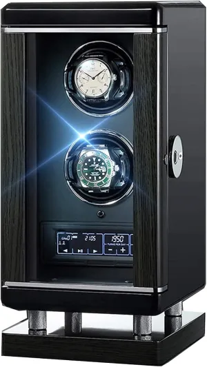 Panel Silent Motor Blue LED Light Control wingless realm narrative Screen 6 Rotation Modes Watch Winder for 2 Automatic Watches Smart Fingerprint with Remote Control LCD with Touch 