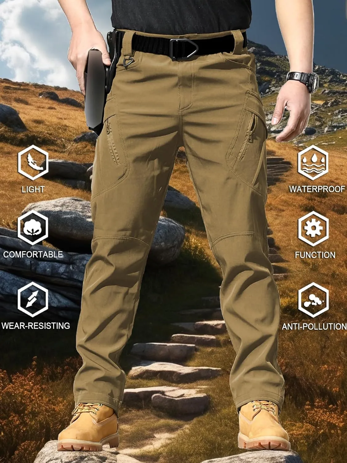 Pants Water Resistant Lightweight Tactical Outdoor Work Pants with Pockets(No hair Belt) YAXHWIV Men's Hiking Cargo 