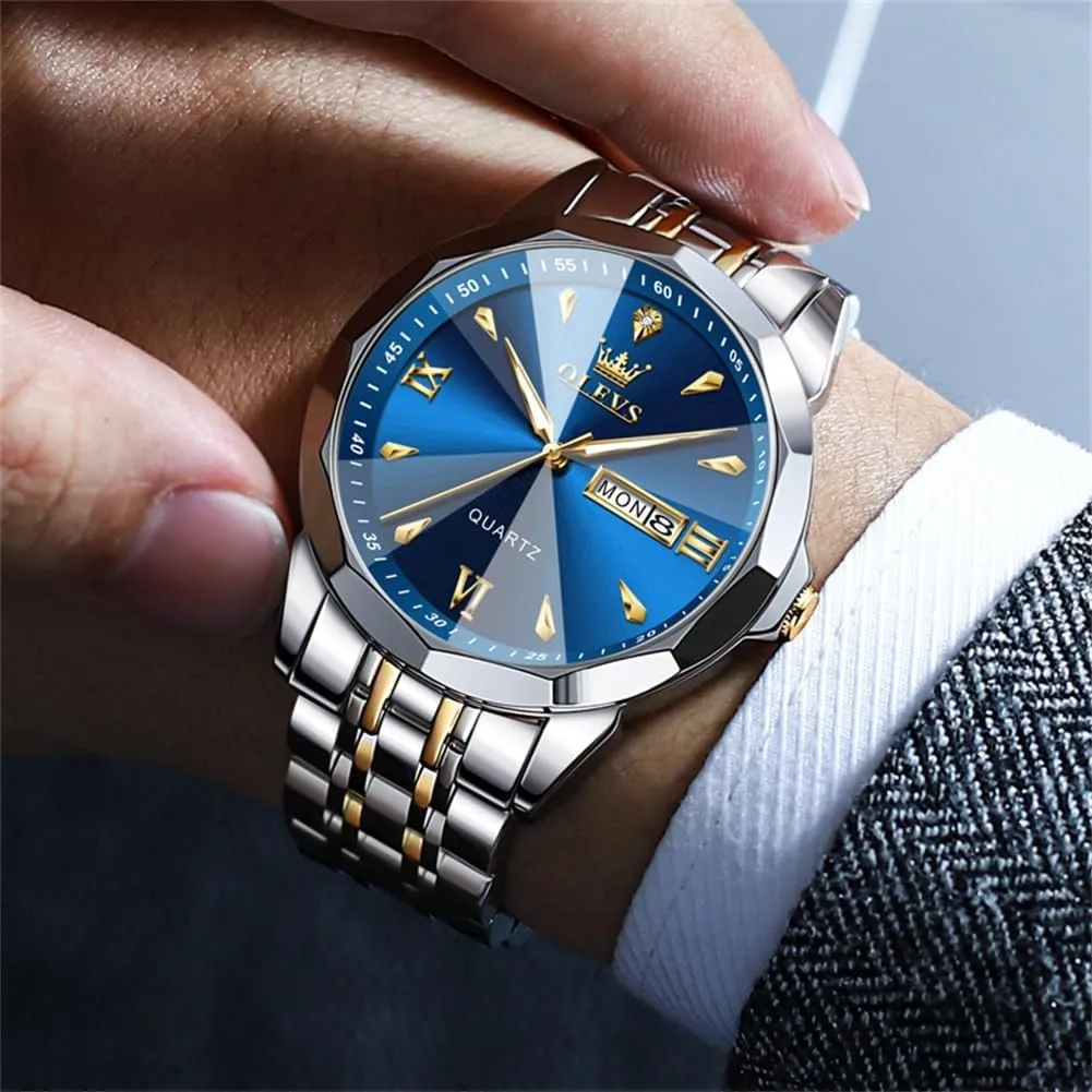 Phase Calendar Man Watches OLEVS Watch for Men Analog Quartz Business Dress Diamond substantial bland Watches Stainless Steel Waterproof Moon 