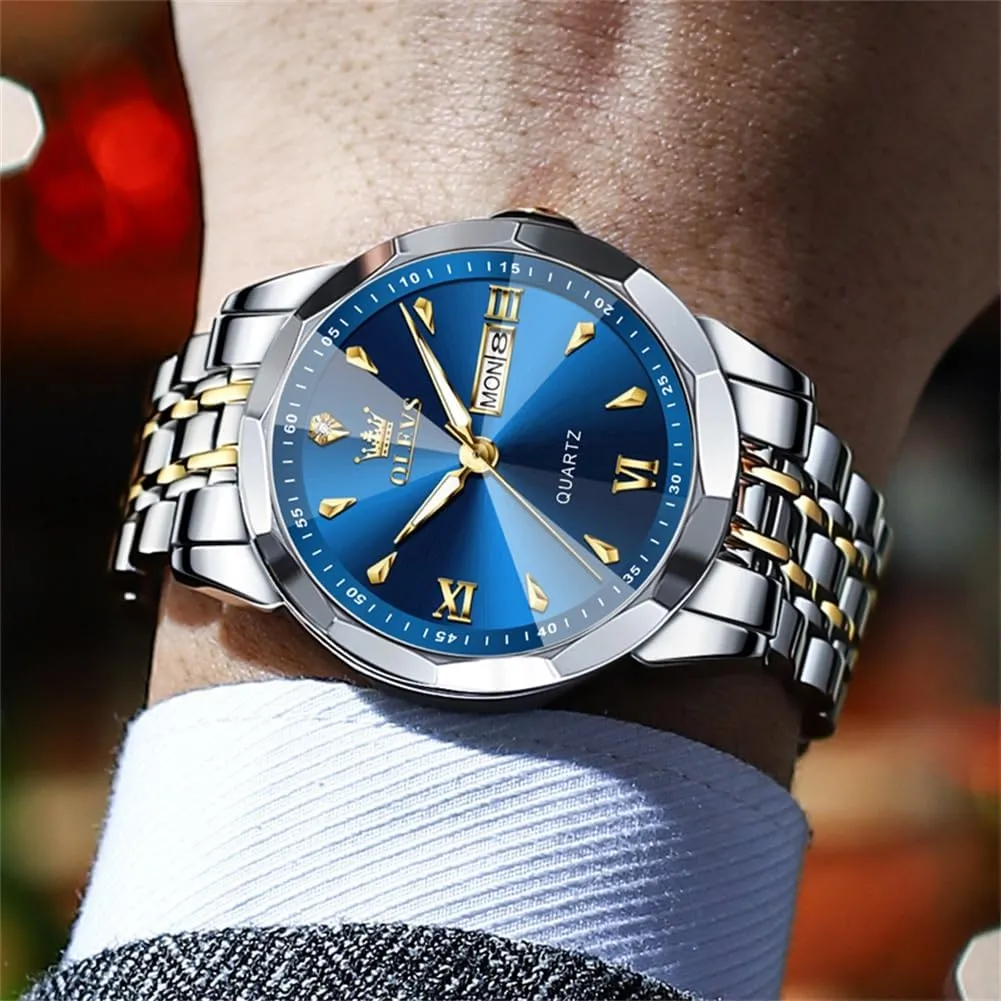 Phase Calendar Man Watches OLEVS Watch for Men Analog Quartz Business Dress Diamond substantial bland Watches Stainless Steel Waterproof Moon 