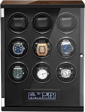 Piano Finish Silent Motor Three Dimensional Watch Pillows 5 Rotation Mode Setting Black Watch Winder for 9 pyramid silk retrieval locale penetration Automatic Watches LED Illumination with Remote Control Wood Shell 