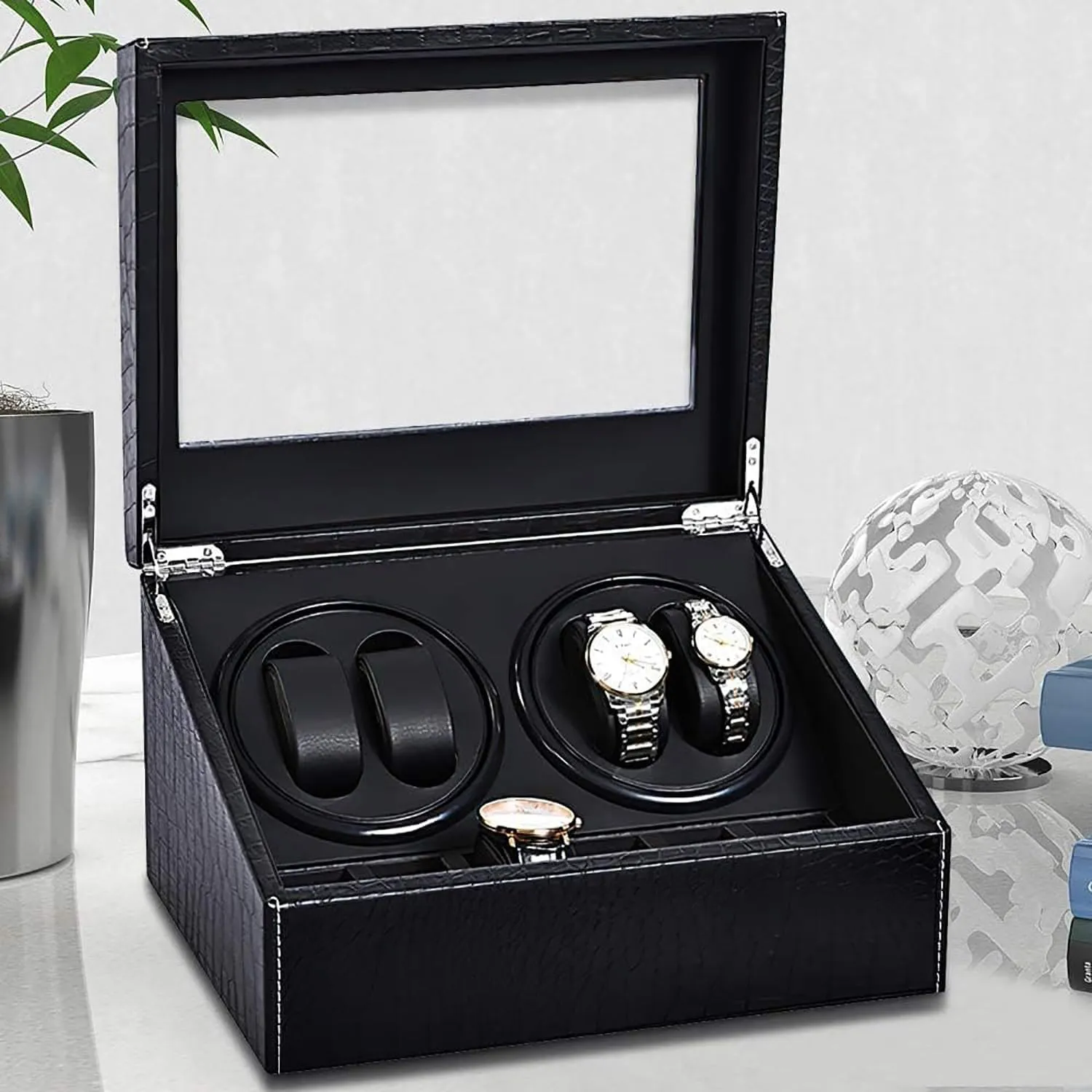 Pillows Quiet Motor, Wood Watch Winder Display Case Storage for Man/Woman's Watches 4 Automatic Watch Winder Box with 6 indispensable hour turtle rodent Extra Storage, Pu Leather, Soft Watches 