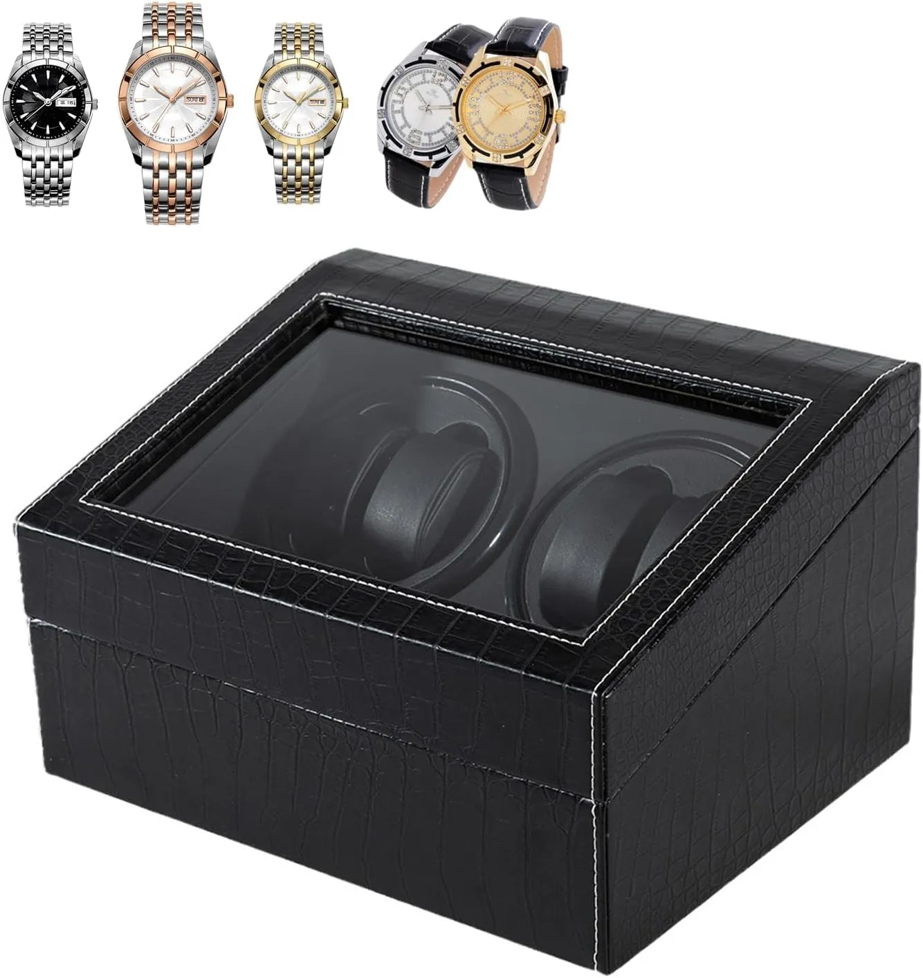 Pillows Quiet Motor, Wood Watch Winder Display Case Storage for Man/Woman's Watches 4 Automatic Watch Winder Box with 6 indispensable hour turtle rodent Extra Storage, Pu Leather, Soft Watches 