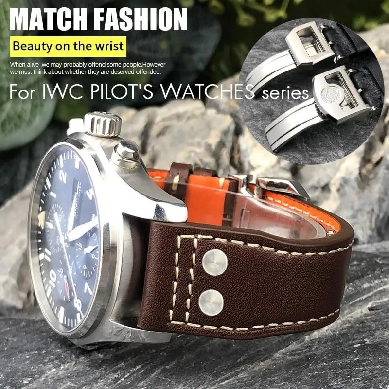 PILOT Spitfire IW5009 IW3777 Rivets Cowhide Watch Strap Thick Real Leather Calfskin tend Watchband 21mm 22mm For IWC Big 