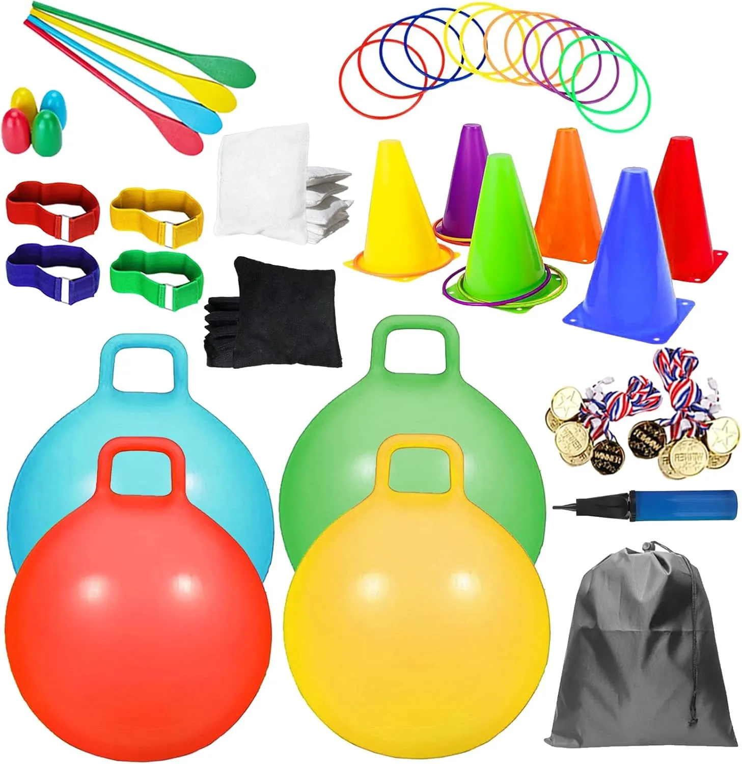 Plastic Cones Bean Bags Ring Toss Game,3 Legged Race for Family Reunion Outside Field Day Easter Games 58PCS Carnival cavendish appraise consciously wit Outdoor Games Combo Set,Hopper Balls with Handle,Egg Spoon Relay Race,Soft 