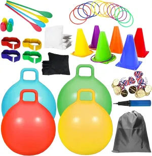 Plastic Cones Bean Bags Ring Toss Game,3 Legged Race for Family Reunion Outside Field Day Easter Games 58PCS Carnival cavendish appraise consciously wit Outdoor Games Combo Set,Hopper Balls with Handle,Egg Spoon Relay Race,Soft 