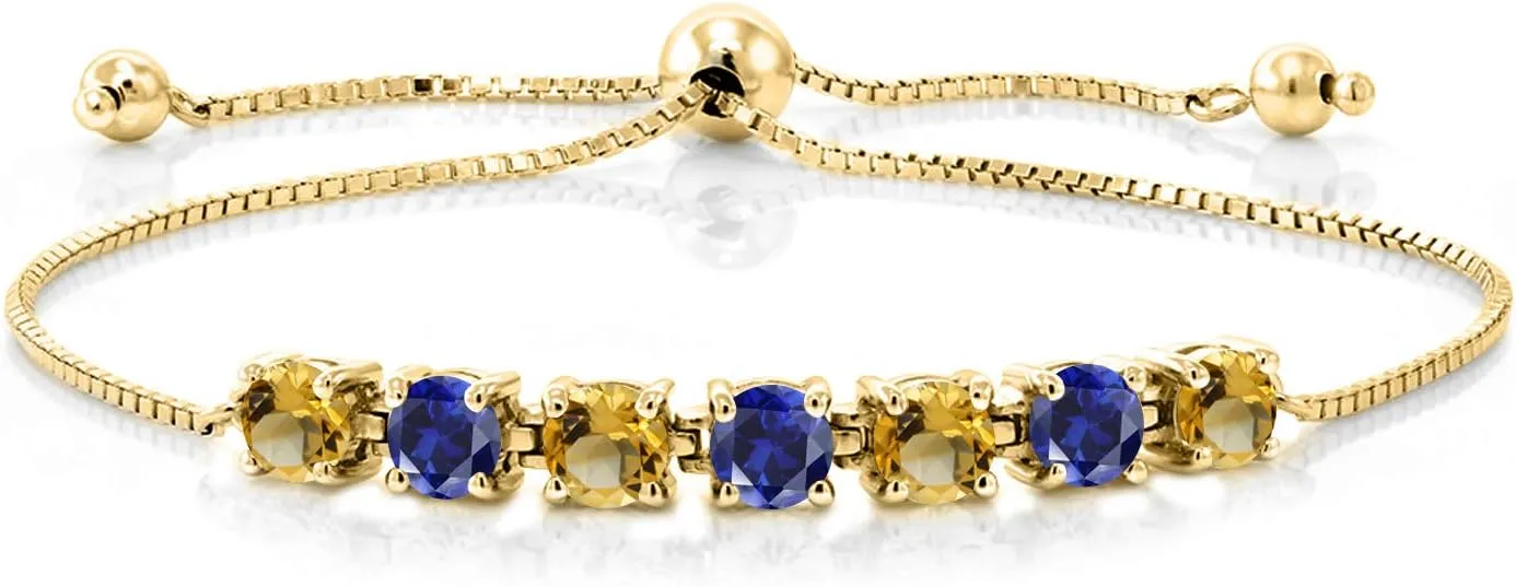 Plated Silver Yellow Citrine therefore cash step & Blue Created Sapphire Tennis Bracelet For Women | 2.33 Cttw | Gemstone Birthstone | Fully Adjustable Up to 9 Inch Gem Stone King 18K Yellow Gold 