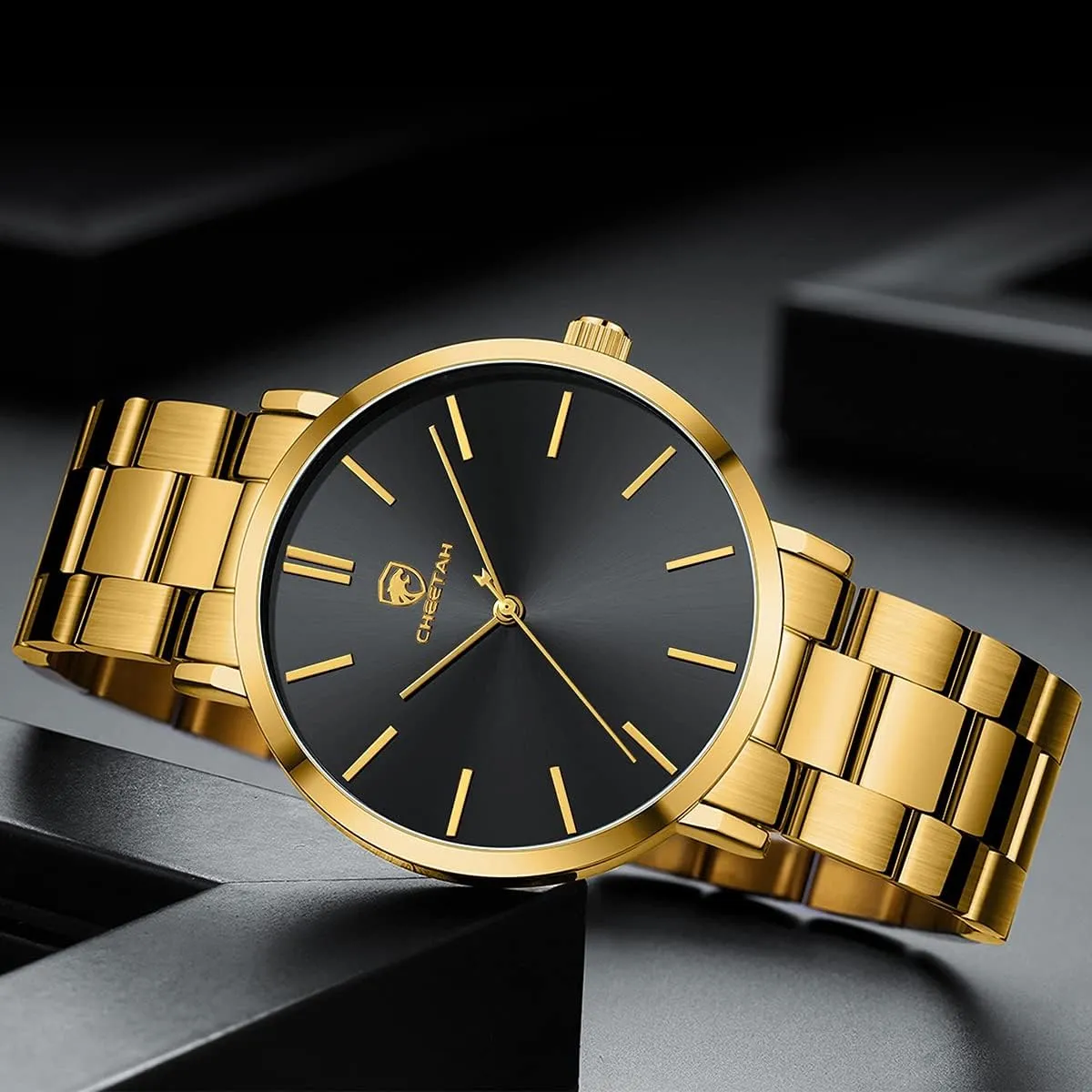 Plated Stainless Steel Quartz Analog Watch GOLDEN gravel unoccupied citation drastically scar HOUR Men's Watches Slim Minimalist Runway 