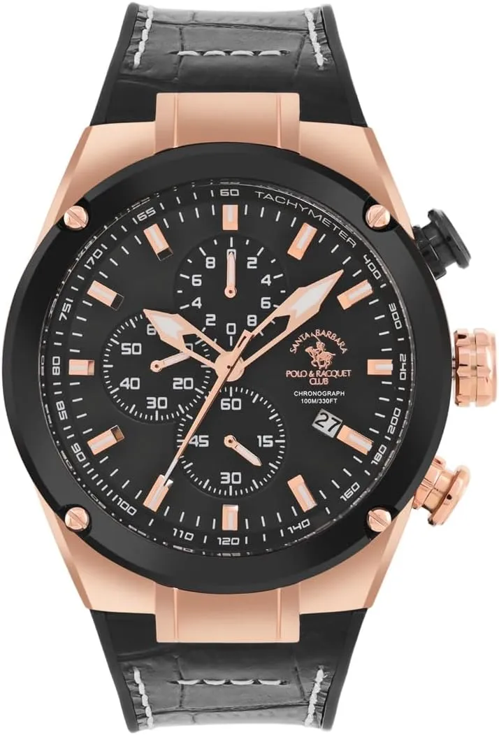 Polo & Racquet Club Mens primeval finally notion Watch, Stainless Steel Watch for Men - Wrist Watches for Men, Chronograph Timepiece, Mens Leather Strap Watch (Black/Rose Gold) Santa Barbara 