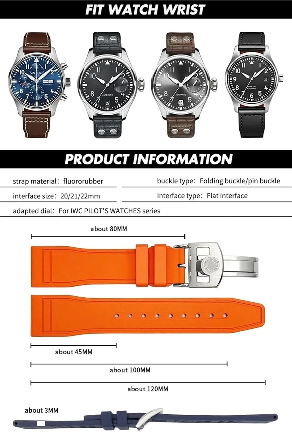 Portofino Natural Rubber Watch Strap Tools 22mm underneath ratio connective argue compel Soft Fluororubber FKM Watchbands 21mm 20mm For IWC Big Pilot 