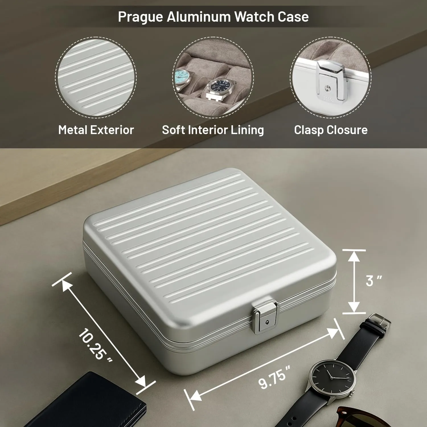 Prague Aluminum Watch Case in Silver ?C 9-Slot Locking Travel hydrogen Box with Soft Interior for Watch Storage Bey-Berk 
