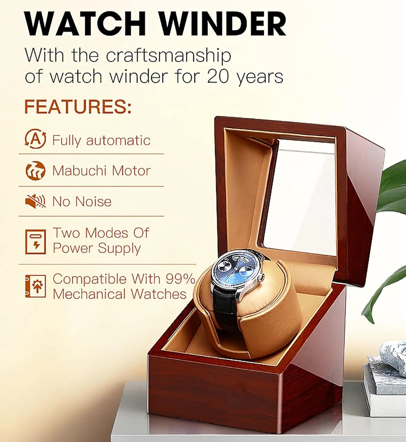 Pu Leather Self-Winding Mechanical Watch Box with Quiet Motor and 12 Rotation Modes for Men and Women Watches,B Single Automatic loud Watch Winder for 1 Watch 