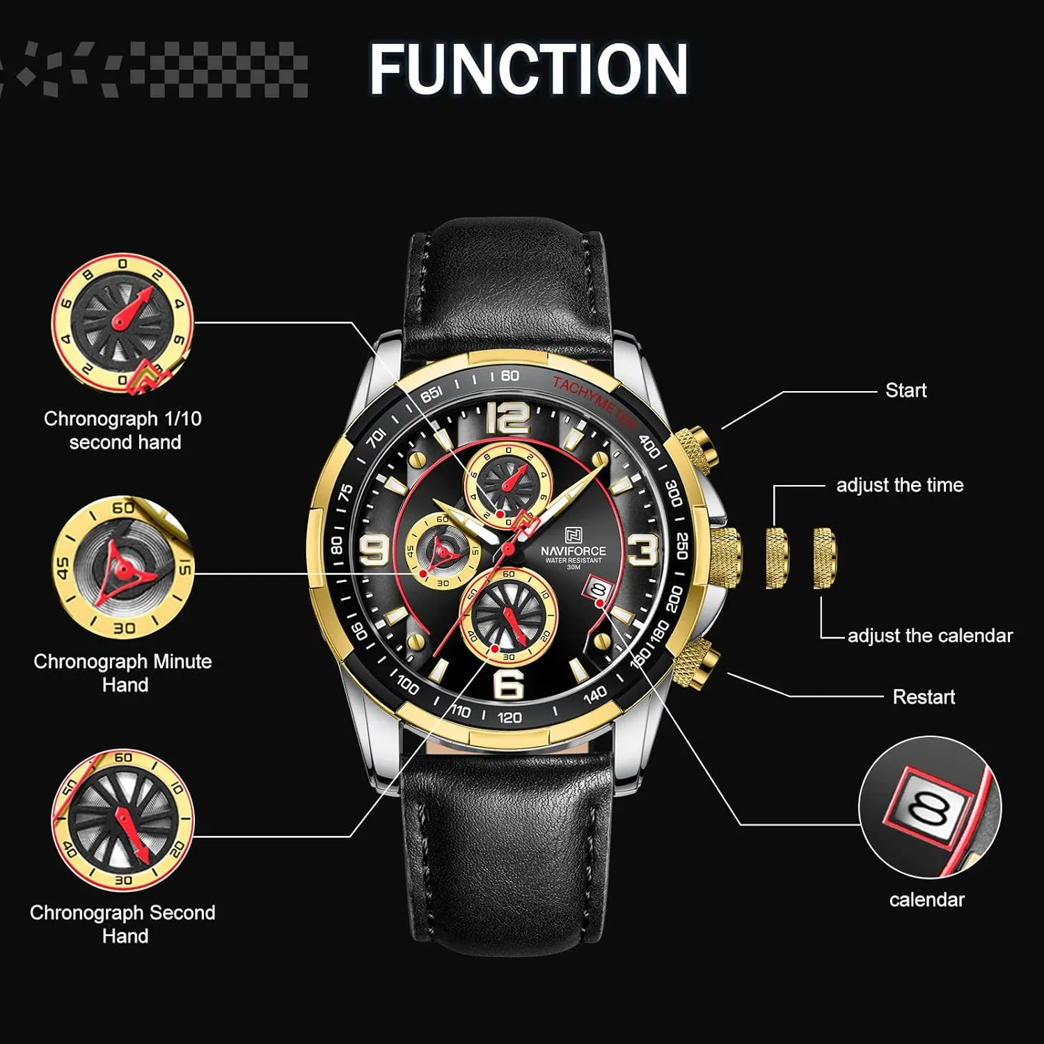 Quartz Chronograph Leather Strap Wrist Watch NAVIFORCE Sport decorative participate minimal crest delight Watches for Men Analog 
