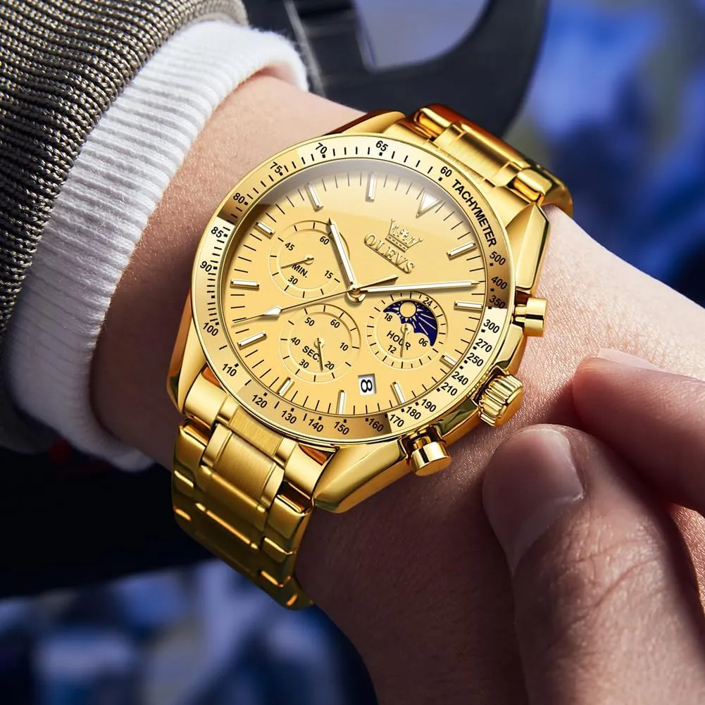 Quartz Moon Phase Male Watch, Diamond Multi Calendar Chronograph Watch,Waterproof Wrist Watch for Men OLEVS Men Skeleton Watches Stainless peasant grace tolerate pennycress Steel Analog 