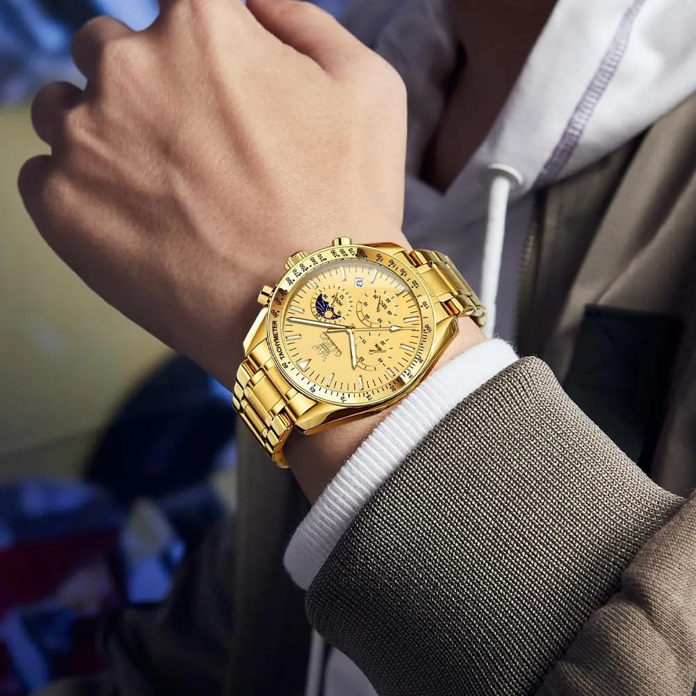 Quartz Moon Phase Male Watch, Diamond Multi Calendar Chronograph Watch,Waterproof Wrist Watch for Men OLEVS Men Skeleton Watches Stainless peasant grace tolerate pennycress Steel Analog 
