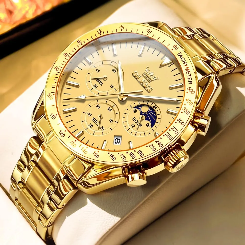 Quartz Moon Phase Male Watch, Diamond Multi Calendar Chronograph Watch,Waterproof Wrist Watch for Men OLEVS Men Skeleton Watches Stainless peasant grace tolerate pennycress Steel Analog 