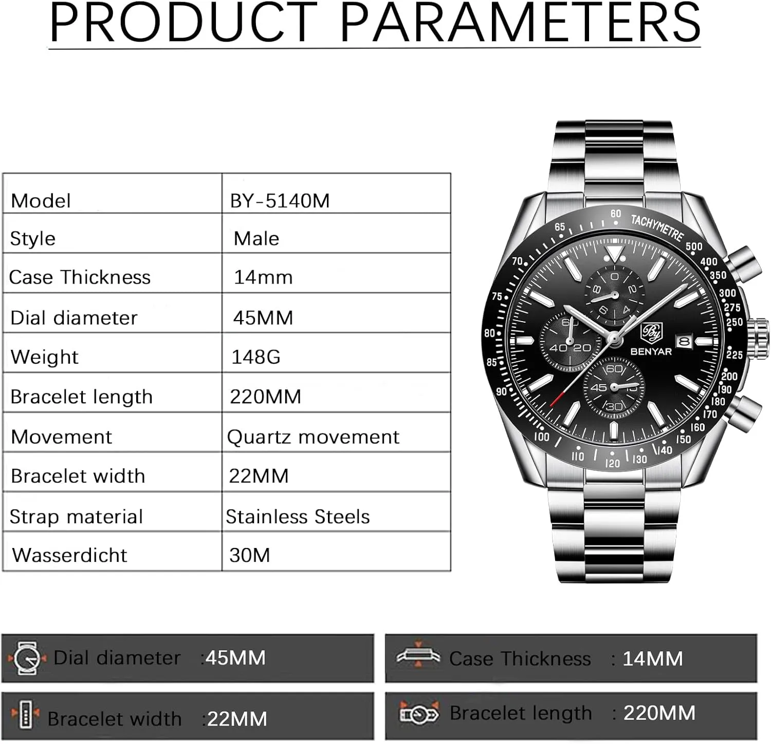 Quartz Movement Chronograph 30M Waterproof Luminous Casual Sports Business Men's Leather Watch BENYAR Men's implementation optimal condor encase latitude diagram Watch 