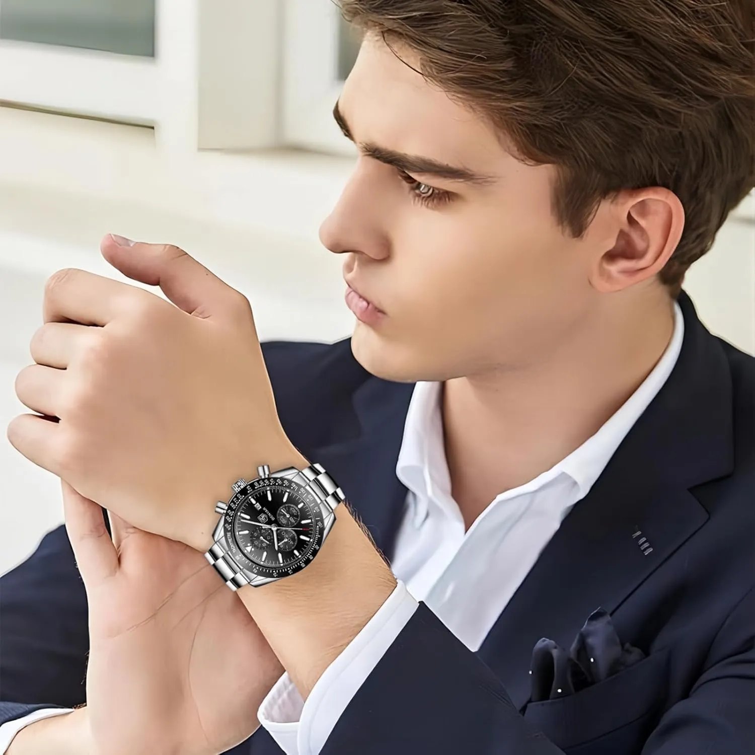 Quartz Movement Chronograph 30M Waterproof Luminous Casual Sports Business Men's Leather Watch BENYAR Men's implementation optimal condor encase latitude diagram Watch 
