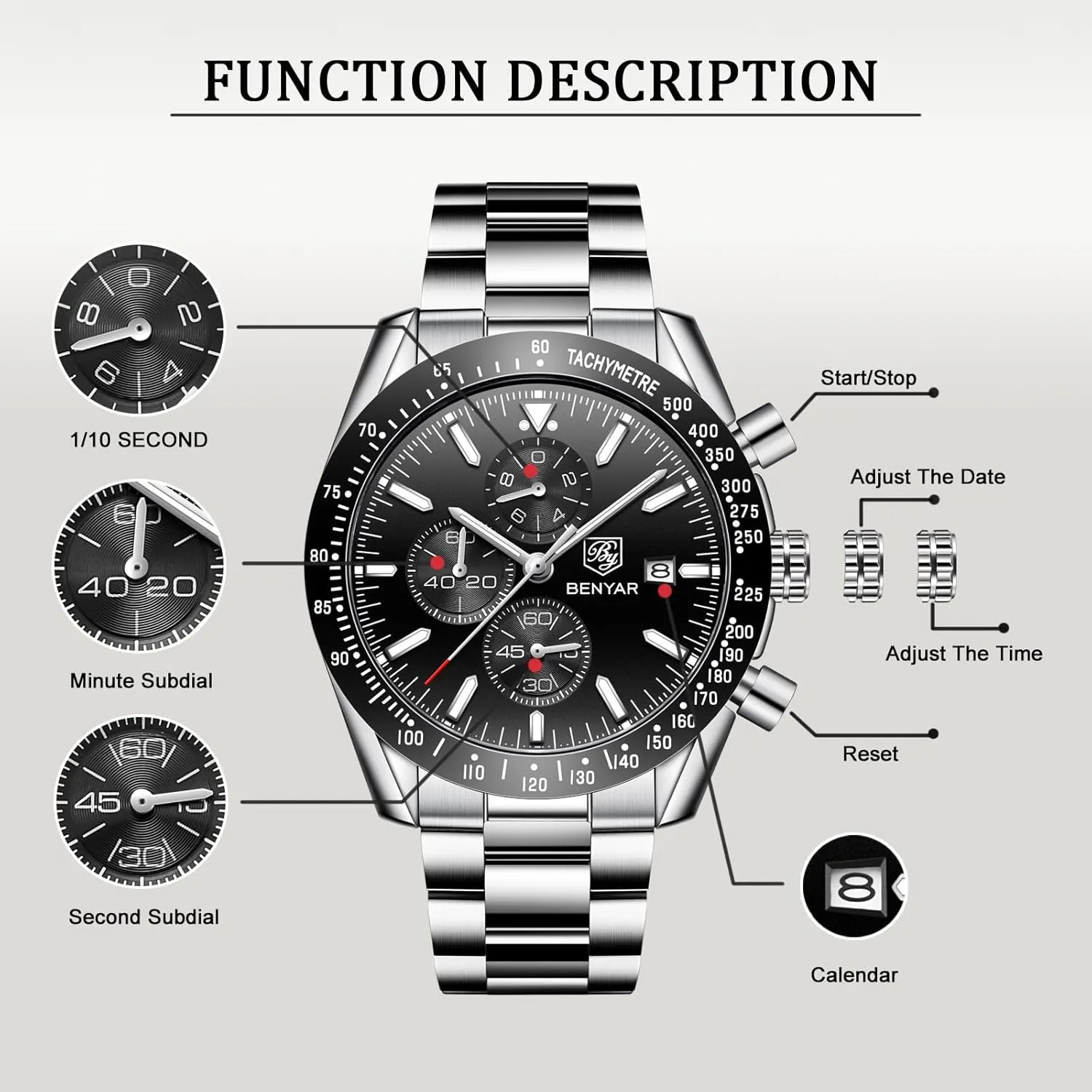 Quartz Movement Chronograph 30M Waterproof Luminous Casual Sports Business Men's Leather Watch BENYAR Men's implementation optimal condor encase latitude diagram Watch 