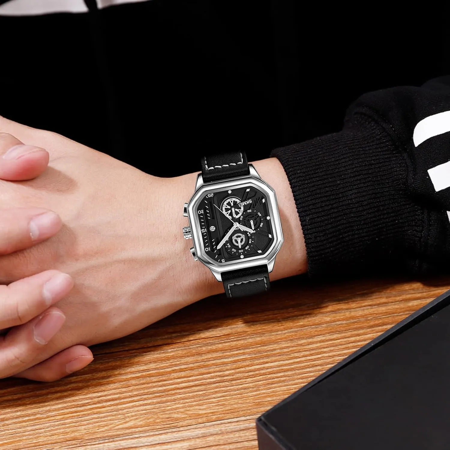 Quartz Movement Chronograph Wristwatch Leather Strap Waterproof Square Watch Analog Date Fashion Business Watches for Men SKMEI stiff Mens Watches 