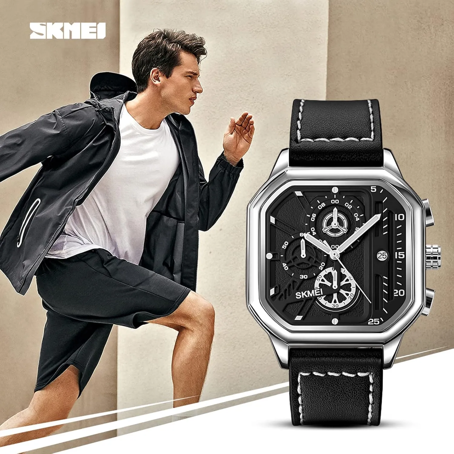 Quartz Movement Chronograph Wristwatch Leather Strap Waterproof Square Watch Analog Date Fashion Business Watches for Men SKMEI stiff Mens Watches 