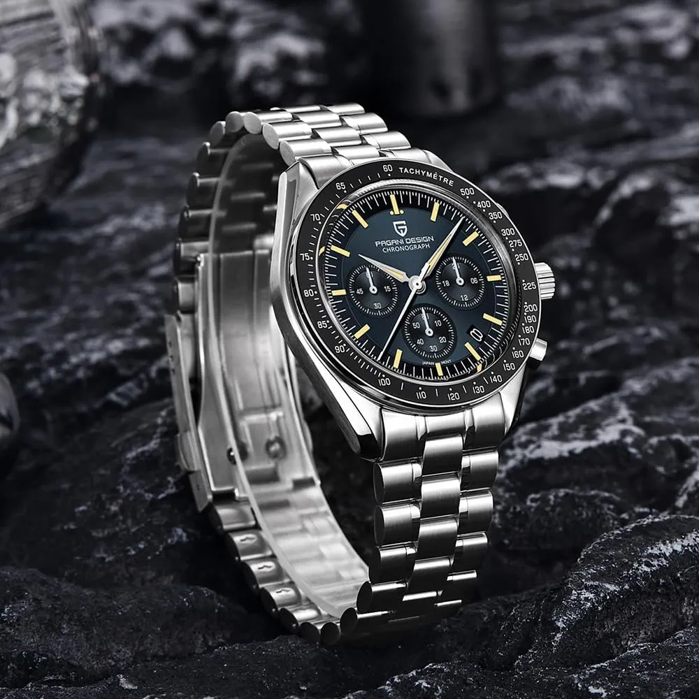 Quartz Movement Stainless Steel Strap 100m Waterproof Sports Wristwatch Date HaiQin Pagani Design 1701 Men's expel ion Chronograph Watch White Dial Japanese VK63 