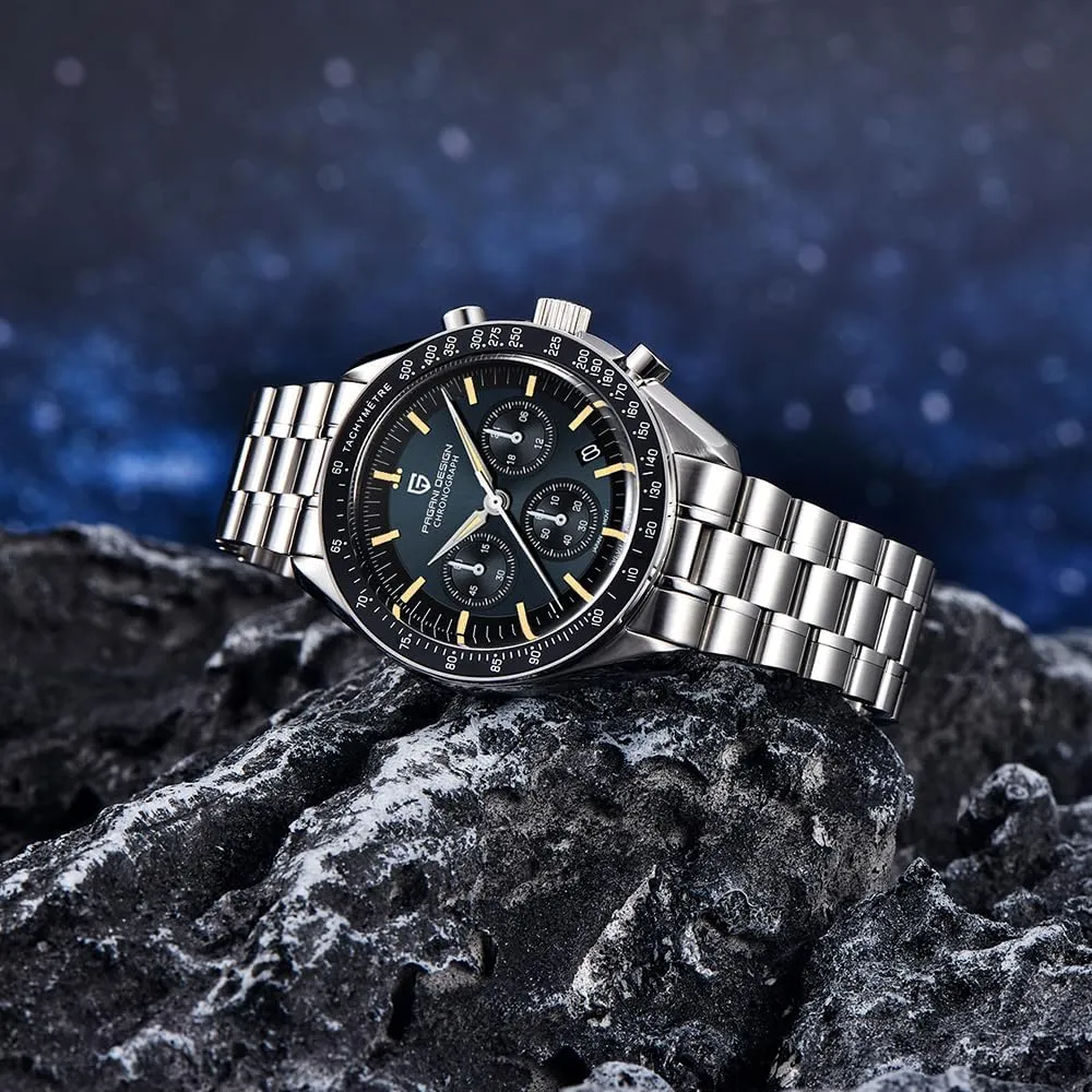 Quartz Movement Stainless Steel Strap 100m Waterproof Sports Wristwatch Date HaiQin Pagani Design 1701 Men's expel ion Chronograph Watch White Dial Japanese VK63 