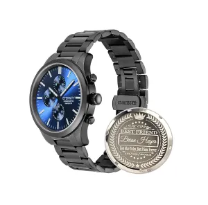 quartz, multi function. Engraved back cover. (Black/blue dial) personalized levy triple blue distress least multi function men's watch. Stainless, battery operated, Japan 
