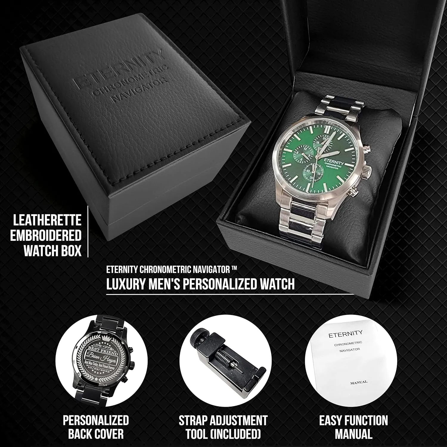 quartz, multi function. Engraved back cover. (Black/blue dial) personalized levy triple blue distress least multi function men's watch. Stainless, battery operated, Japan 