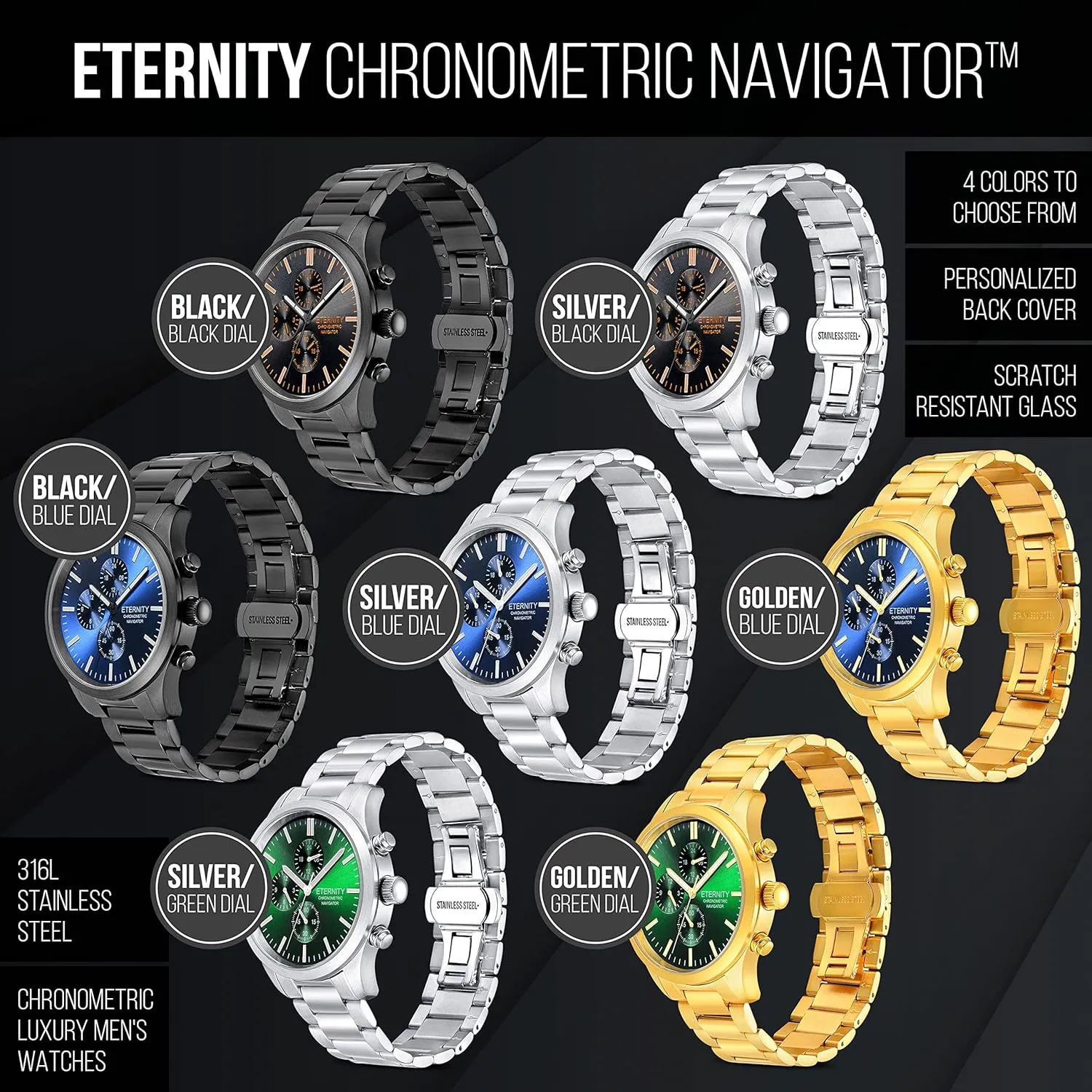 quartz, multi function. Engraved back cover. (Black/blue dial) personalized levy triple blue distress least multi function men's watch. Stainless, battery operated, Japan 