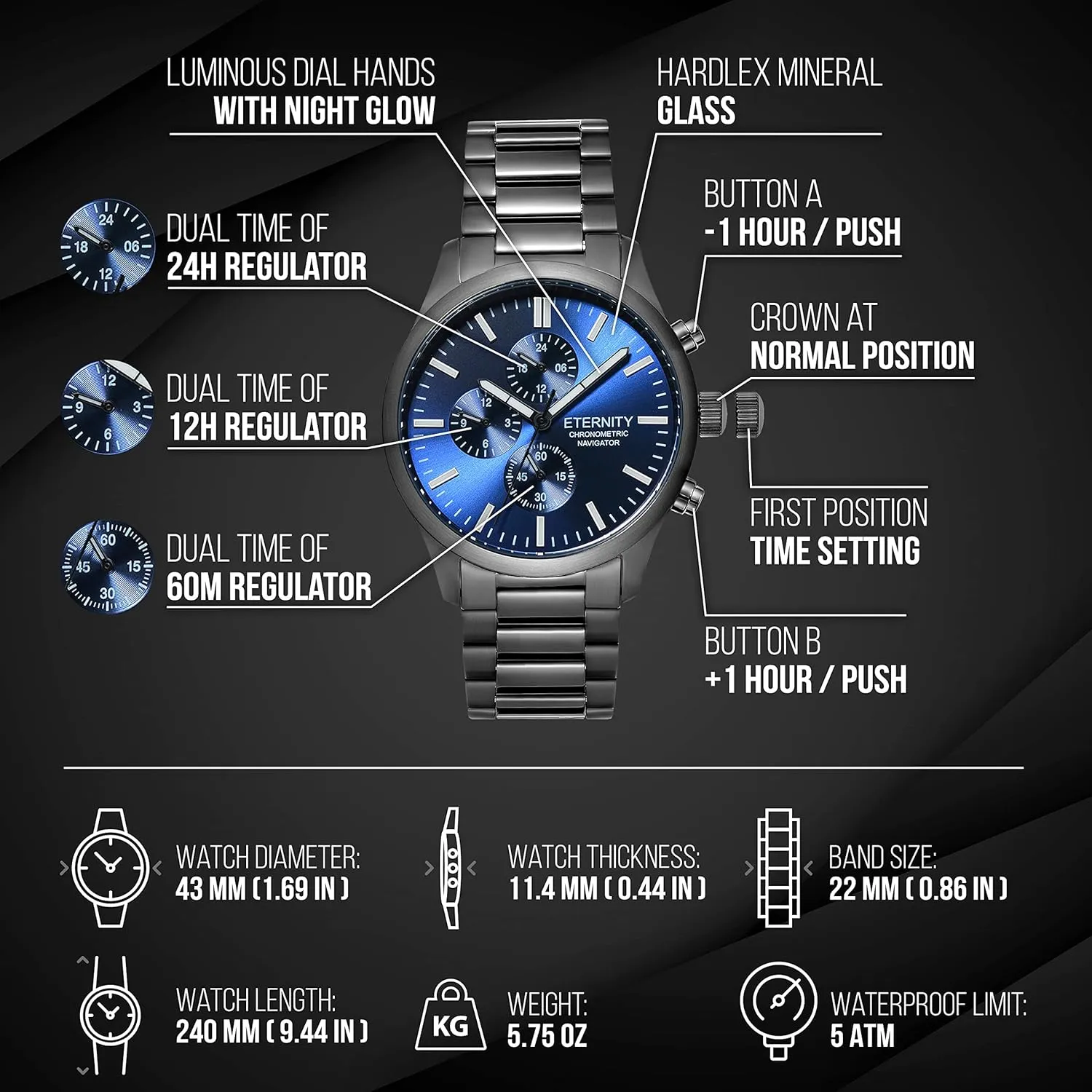 quartz, multi function. Engraved back cover. (Black/blue dial) personalized levy triple blue distress least multi function men's watch. Stainless, battery operated, Japan 