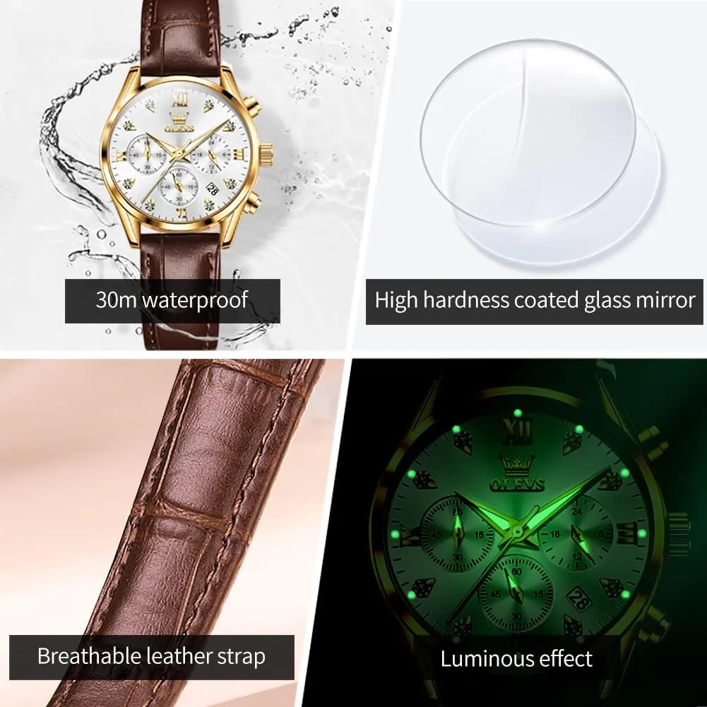 Quartz Rose Gold Female Watches Multifunction Chronograph Diamond Waterproof notable Inca elite Luminous Ladies OLEVS Women's Watches Brown Leather Strap Analog 